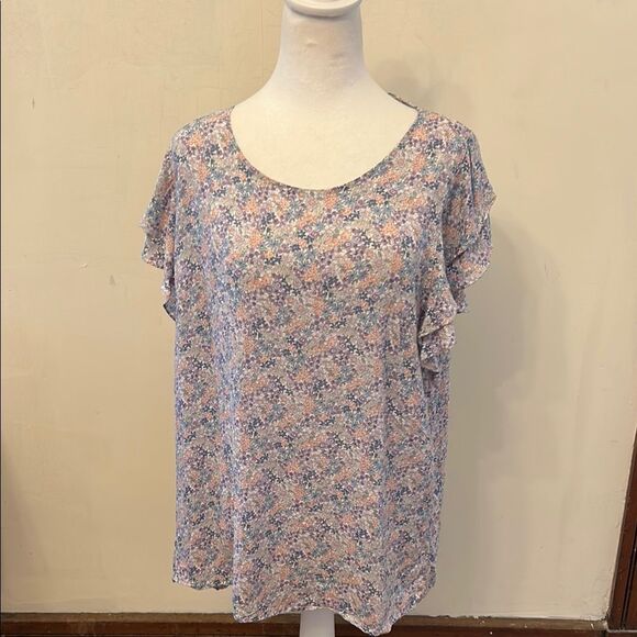 Cynthia Rowley purple pink floral ruffle cap sleeve blouse Size XL New - Picture 1 of 9